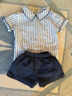 Blue Striped Top and Navy Shorts Kids Matching Set